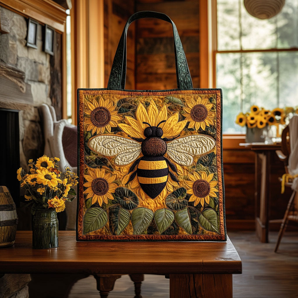 Solblomst og Bi Quiltet Tote Bag