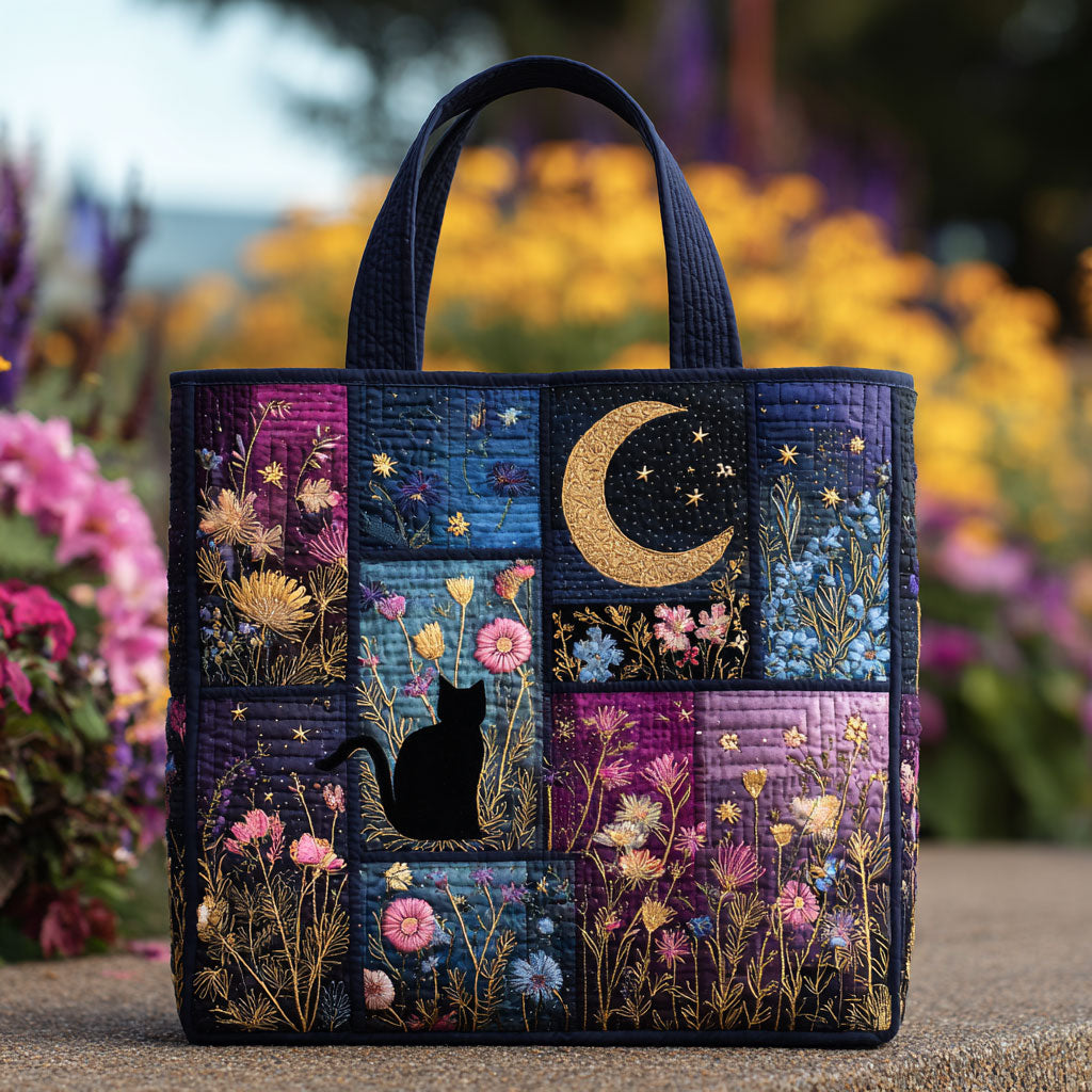 Floral Cat Night Quiltet Tote Bag