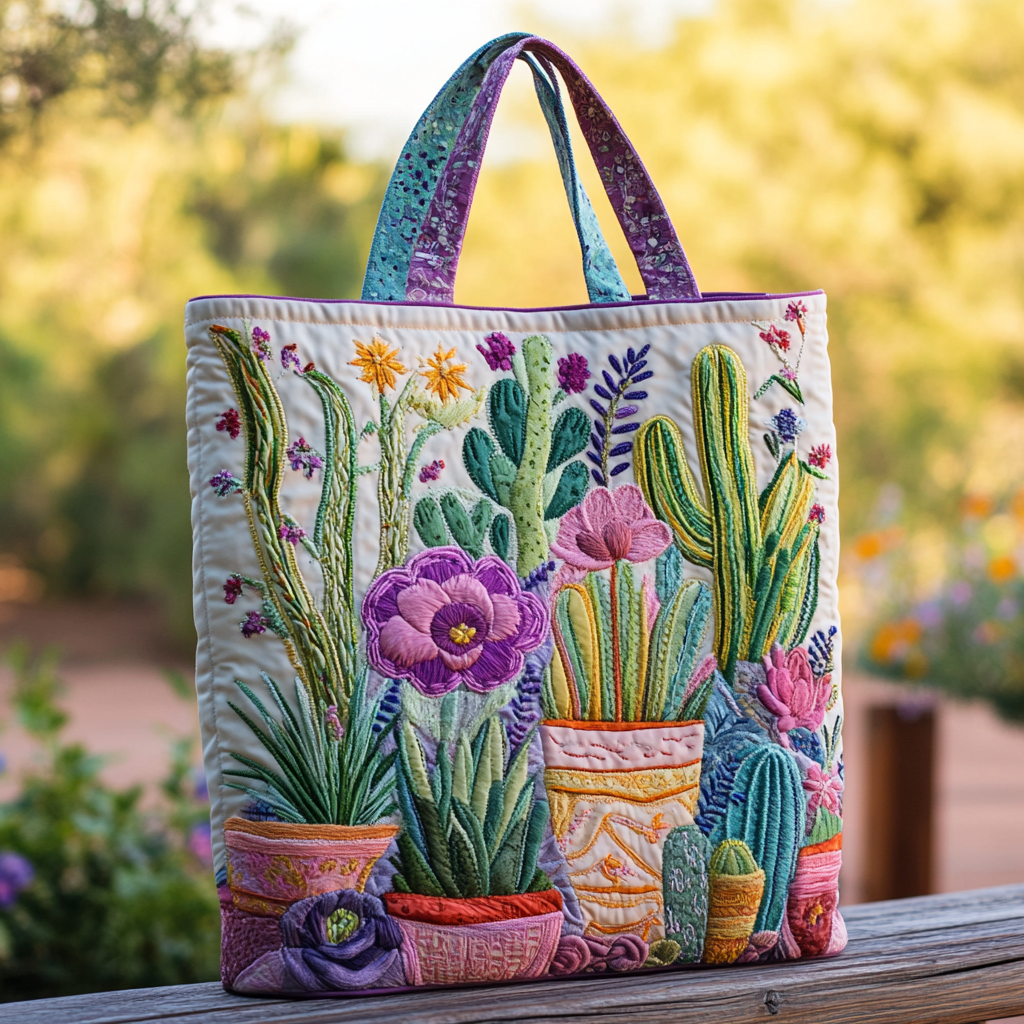 Kaktus og Sukulenter Quiltet Tote Bag
