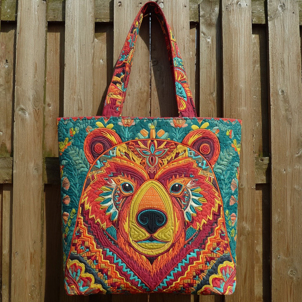 Vibrant Folk Bear Quiltet Tote Bag
