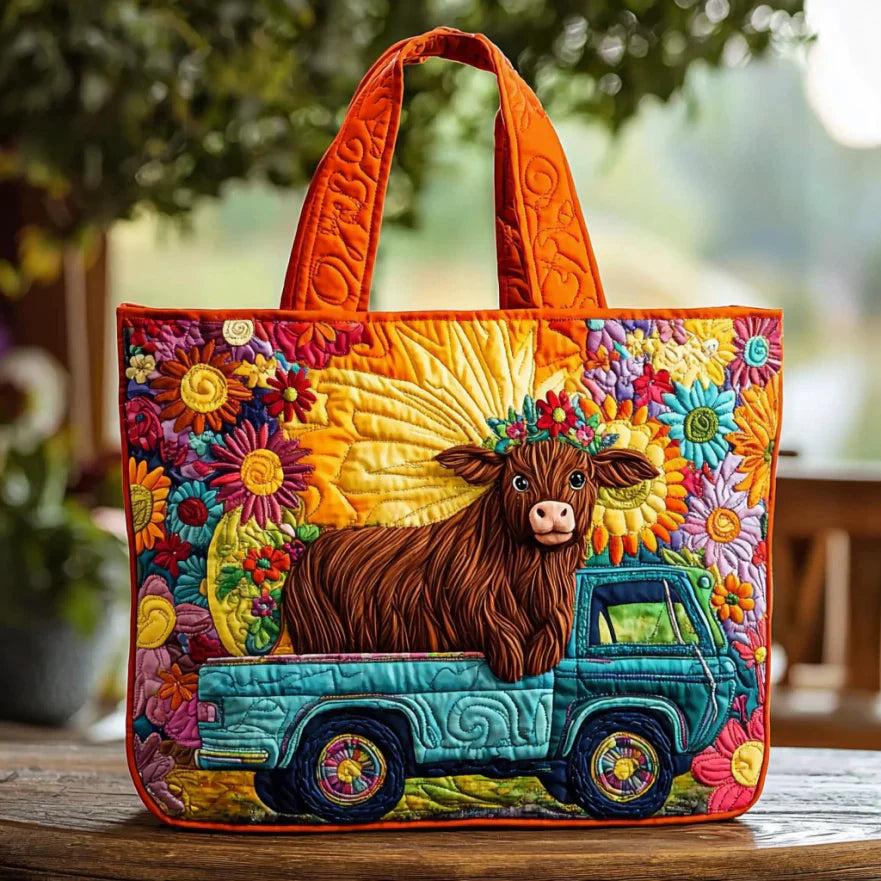 Hippie Cow Quilted Tote Bag
