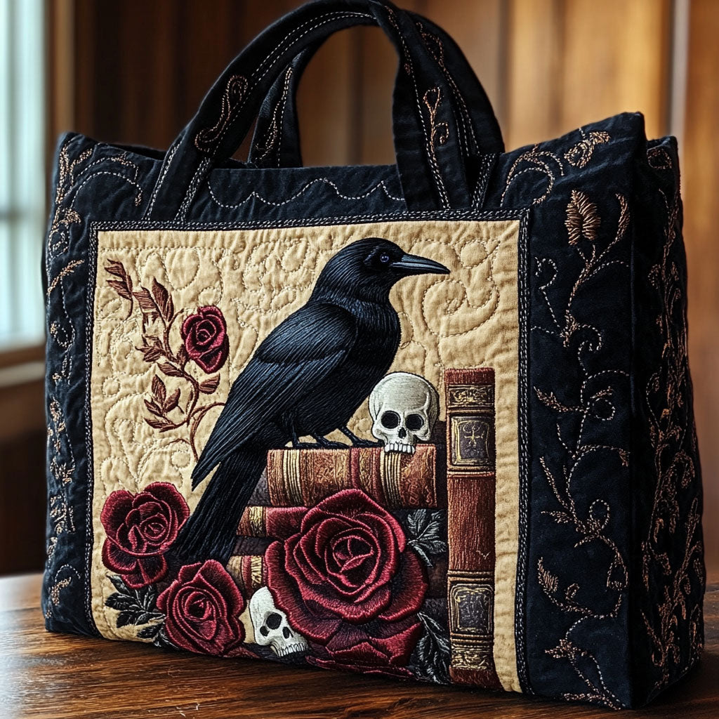 Crimson Raven Skull Quilted Tote Bag