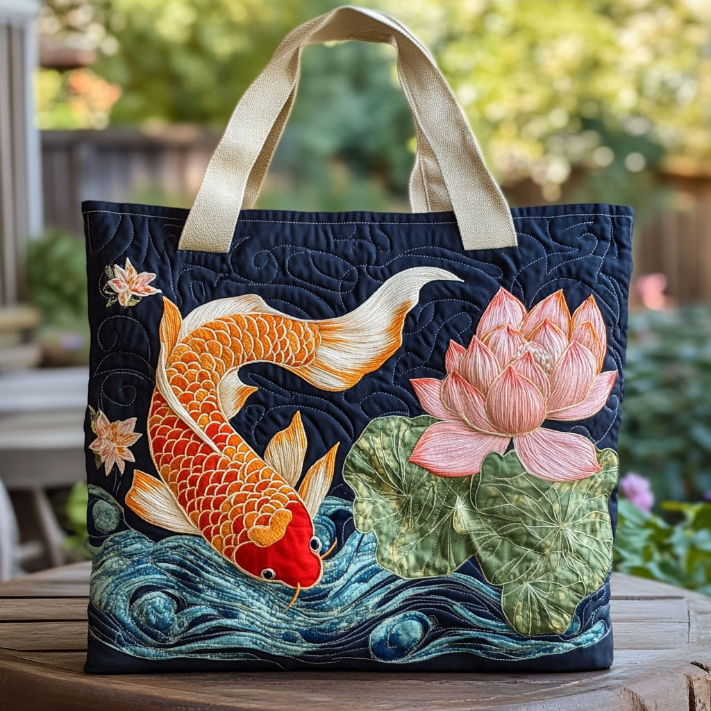 Majestic Lotus Koi Quiltet Tote Bag