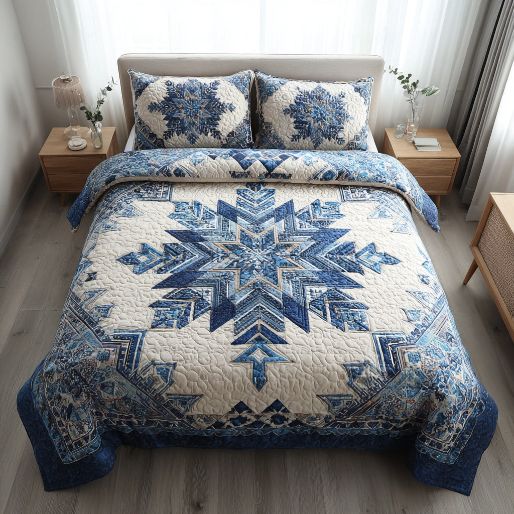 Azure Snowflake Burst 3-delt quiltet sengetøjssæt