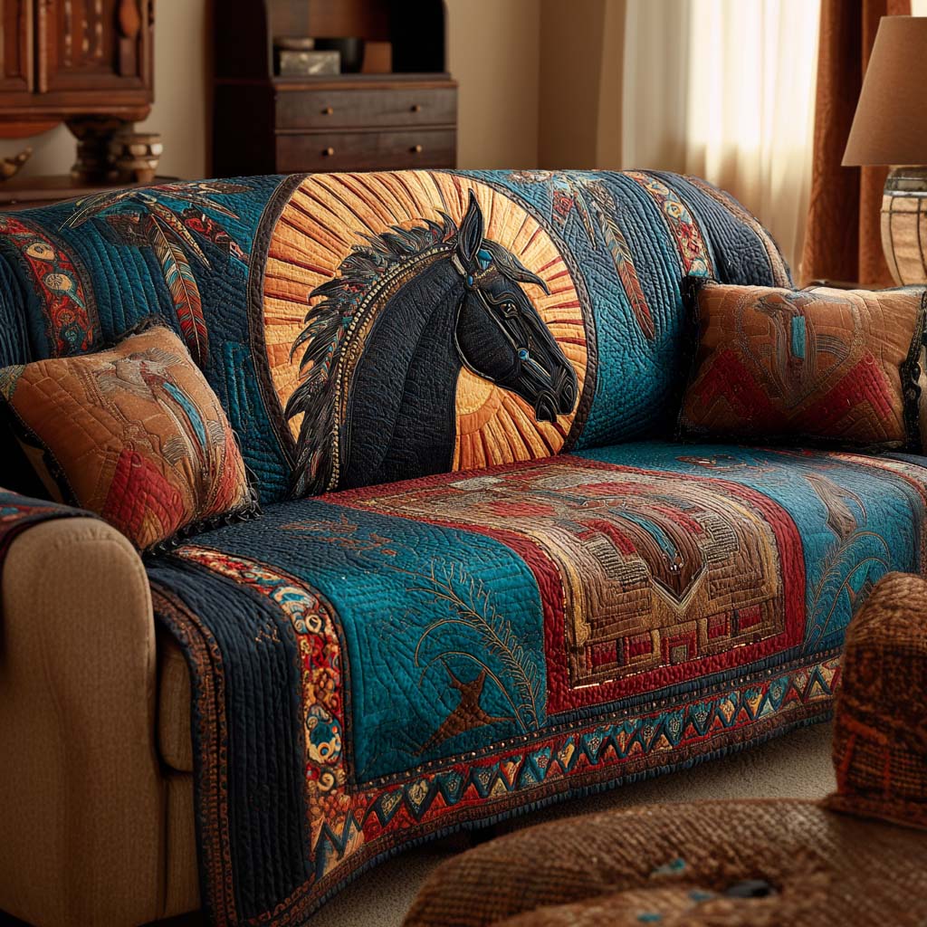 Azure Spirit Horse Quilted Sofa Cover