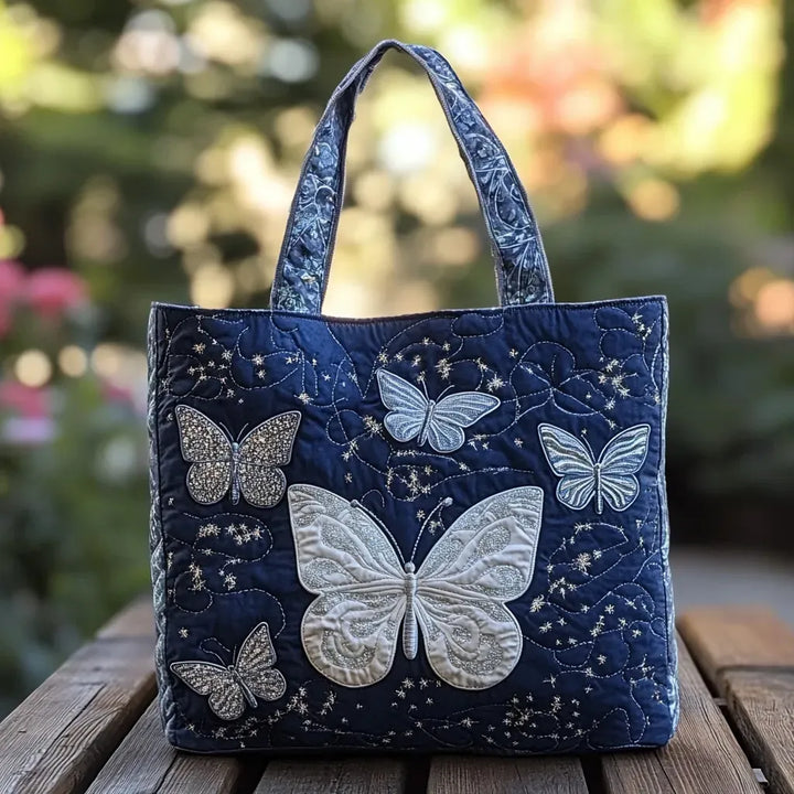 Quiltet Tote Bag - Sølv Sommerfugl