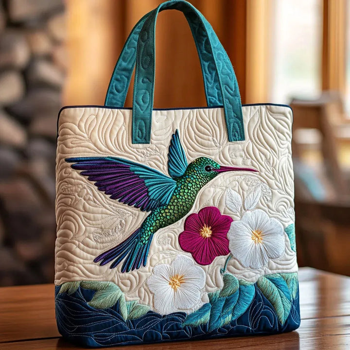 Quiltet Tote Bag - Kolibri og Hvid Blomst