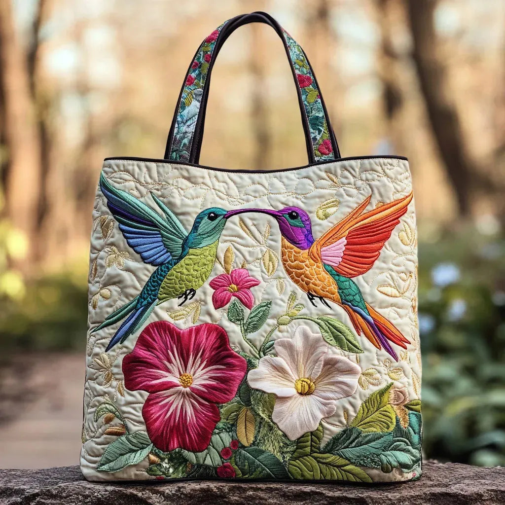 Quilted Tote Bag - Kolibri og Hvide Blomster