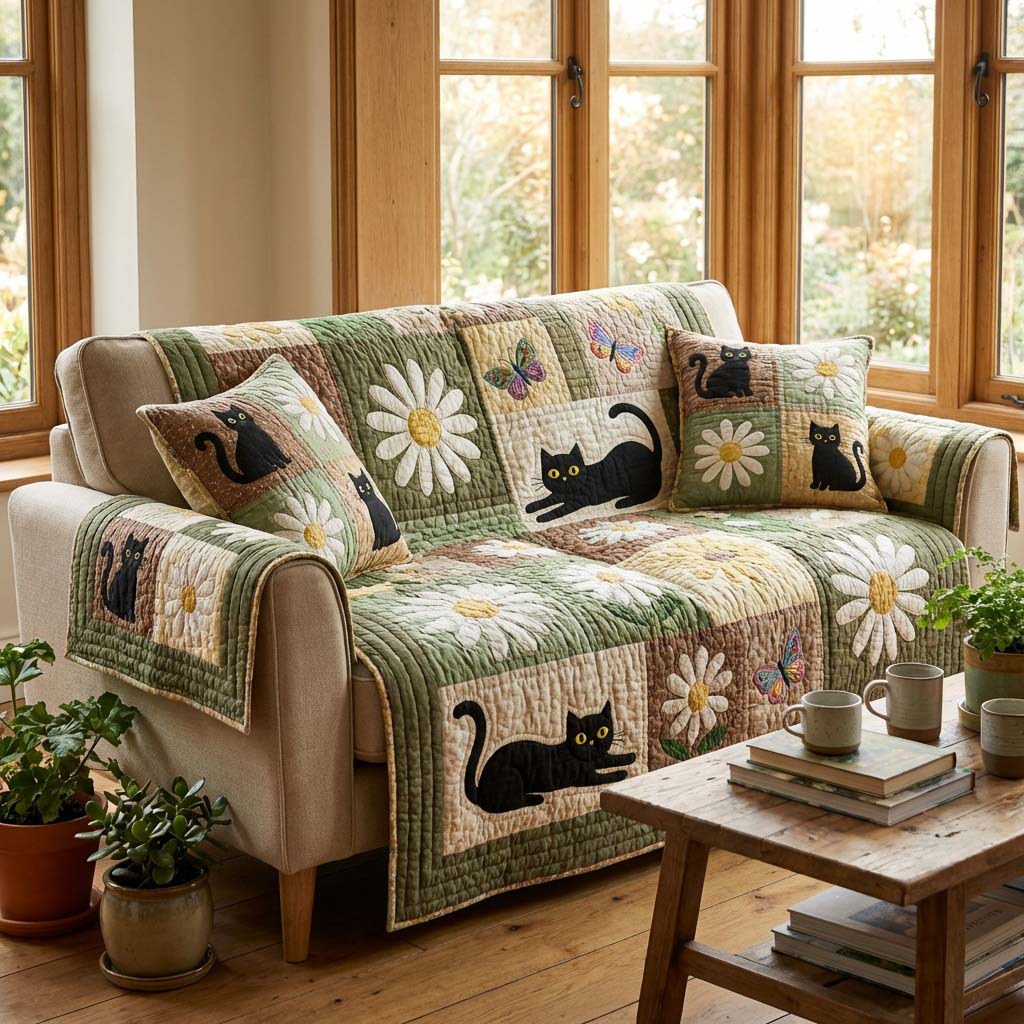 Bloom Cat Harmony Quilted Sofa Cover