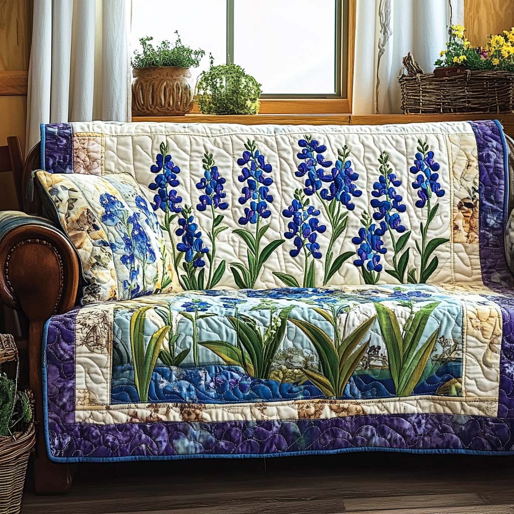 Bluebonnet Bloom Quilted Sofa Cover