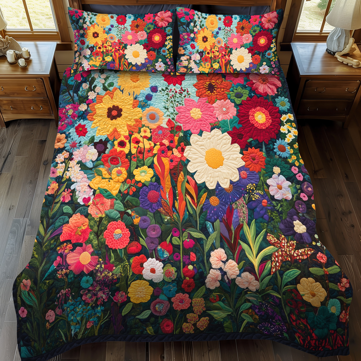 Brilliant Flowers 3-delt quiltet sengetøjssæt
