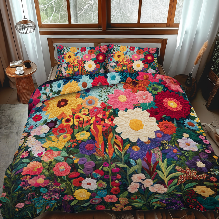 Brilliant Flowers 3-delt quiltet sengetøjssæt