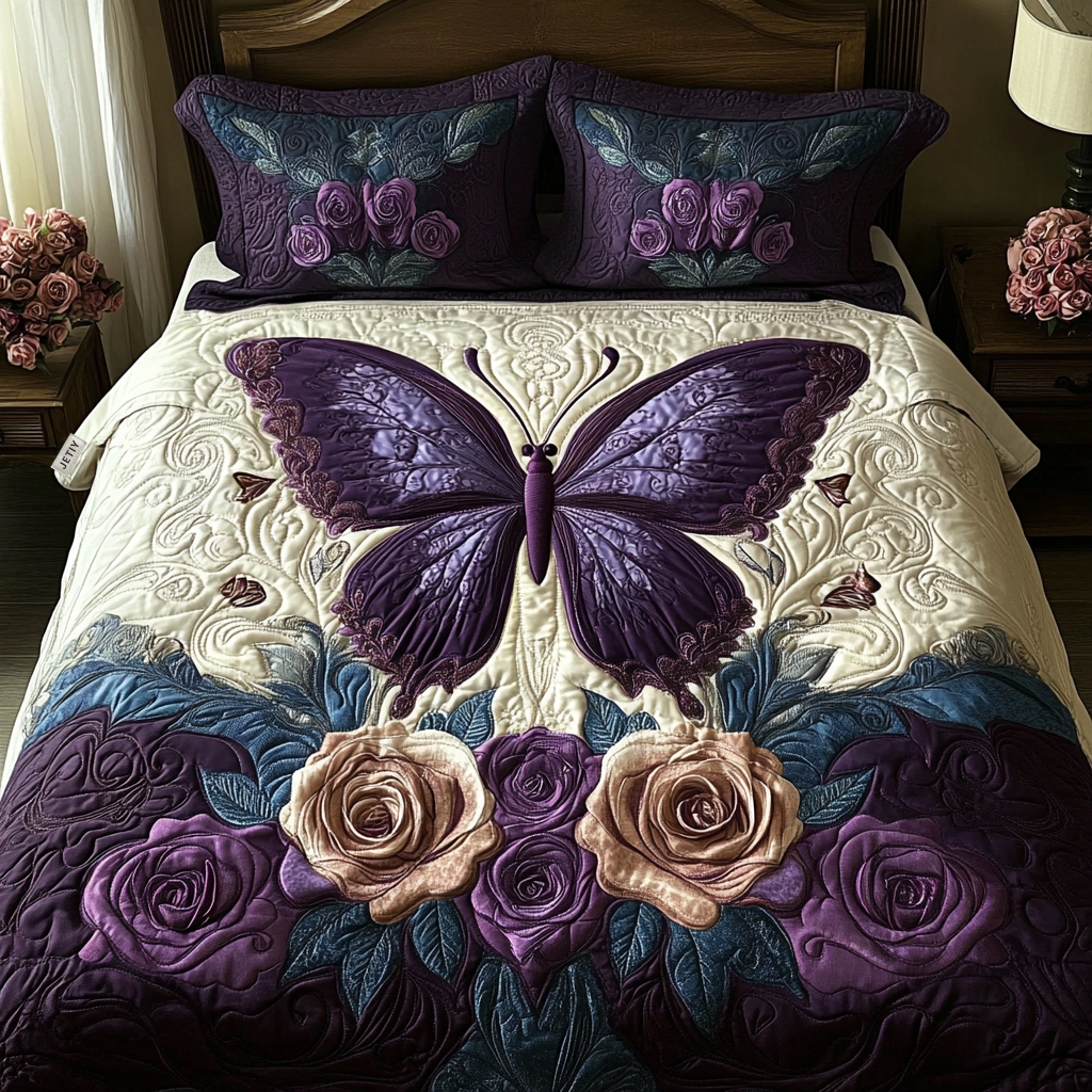 Butterfly Dreams 3-delt quiltet sengetøjssæt