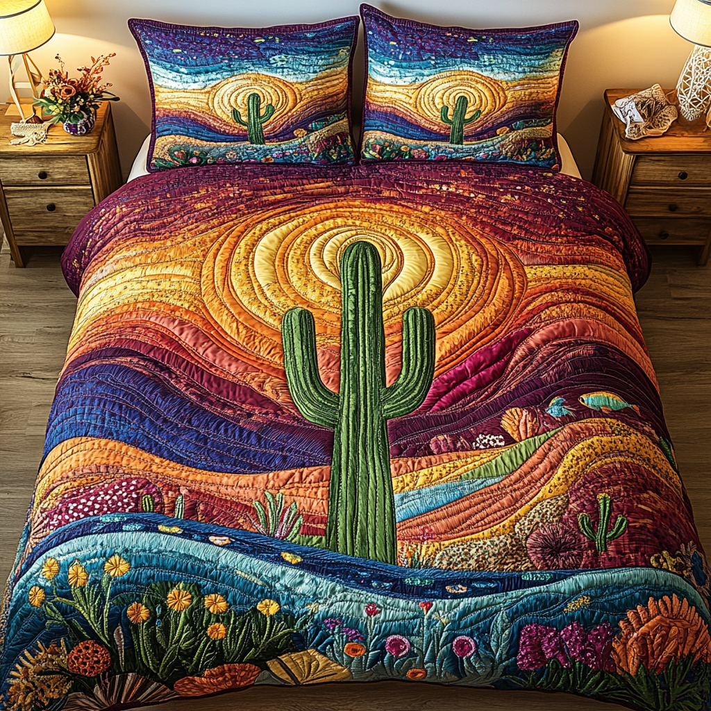 Cactus Sunset 3-delt quiltet sengetøjssæt
