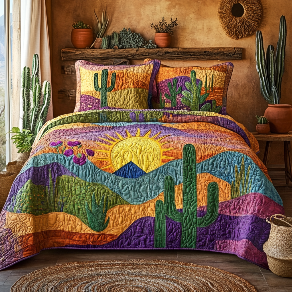 Cactus Sunrise 3-delt quiltet sengetøjssæt