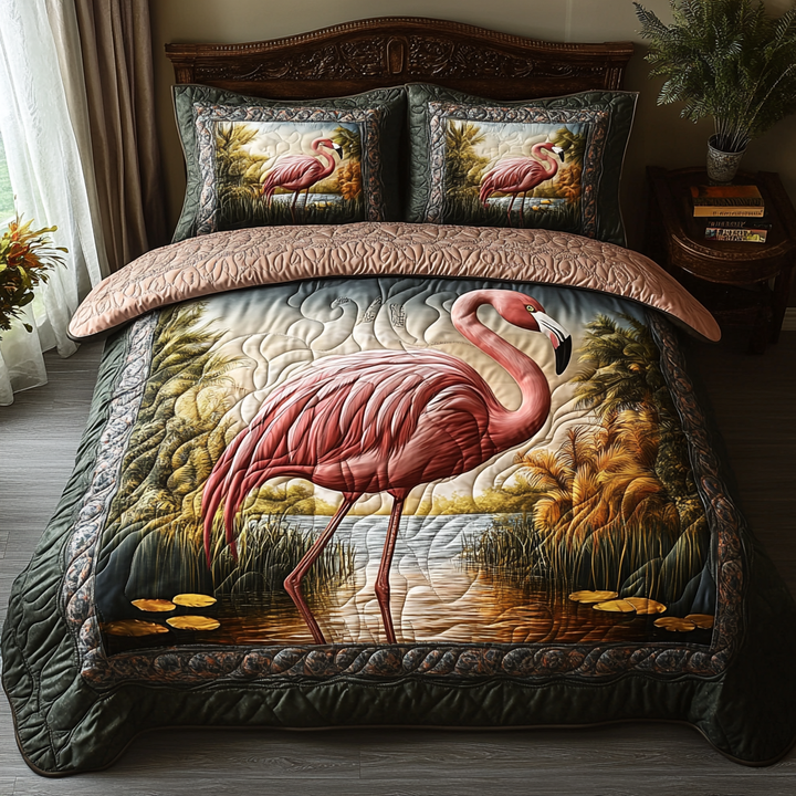Flamingo 3-delt quiltet sengetøjssæt