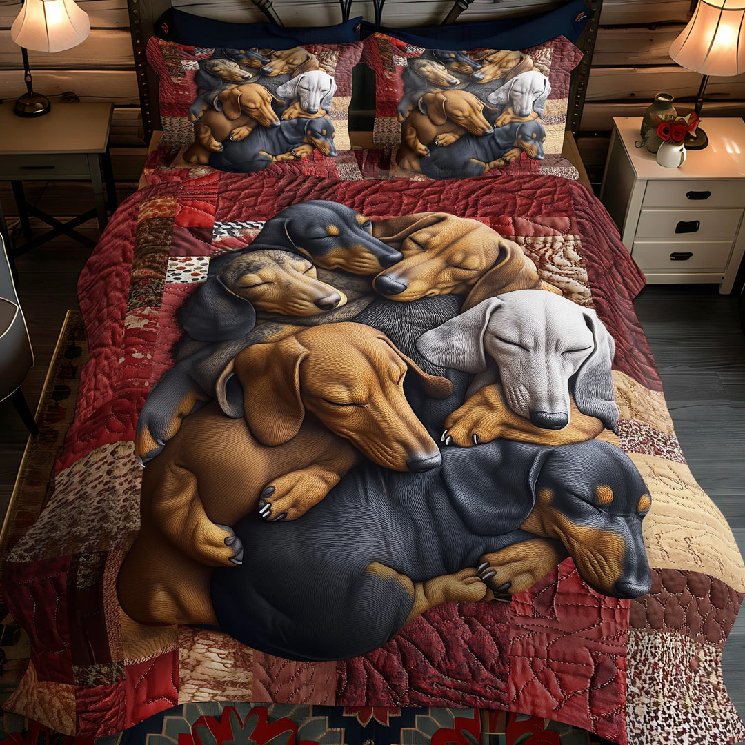 Dachshund Delight 3-delt quiltet sengetøjssæt