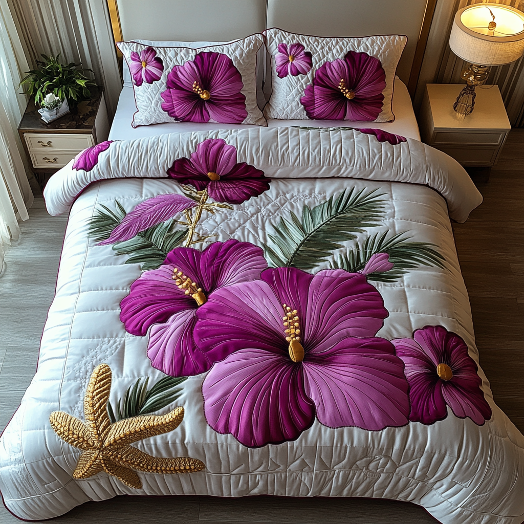 Hibiscus 3-delt quiltet sengetøjssæt