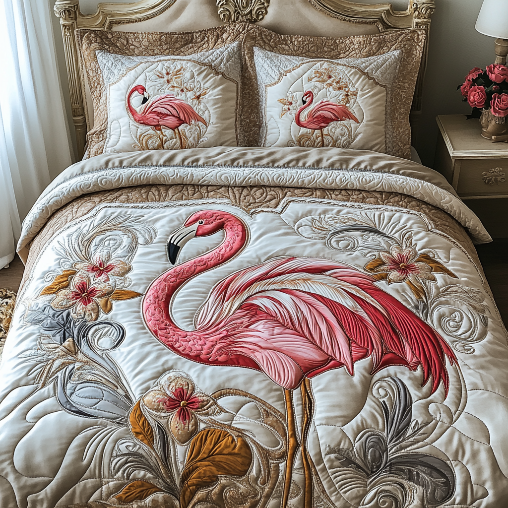 Flamingo 3-delt quiltet sengetøjssæt