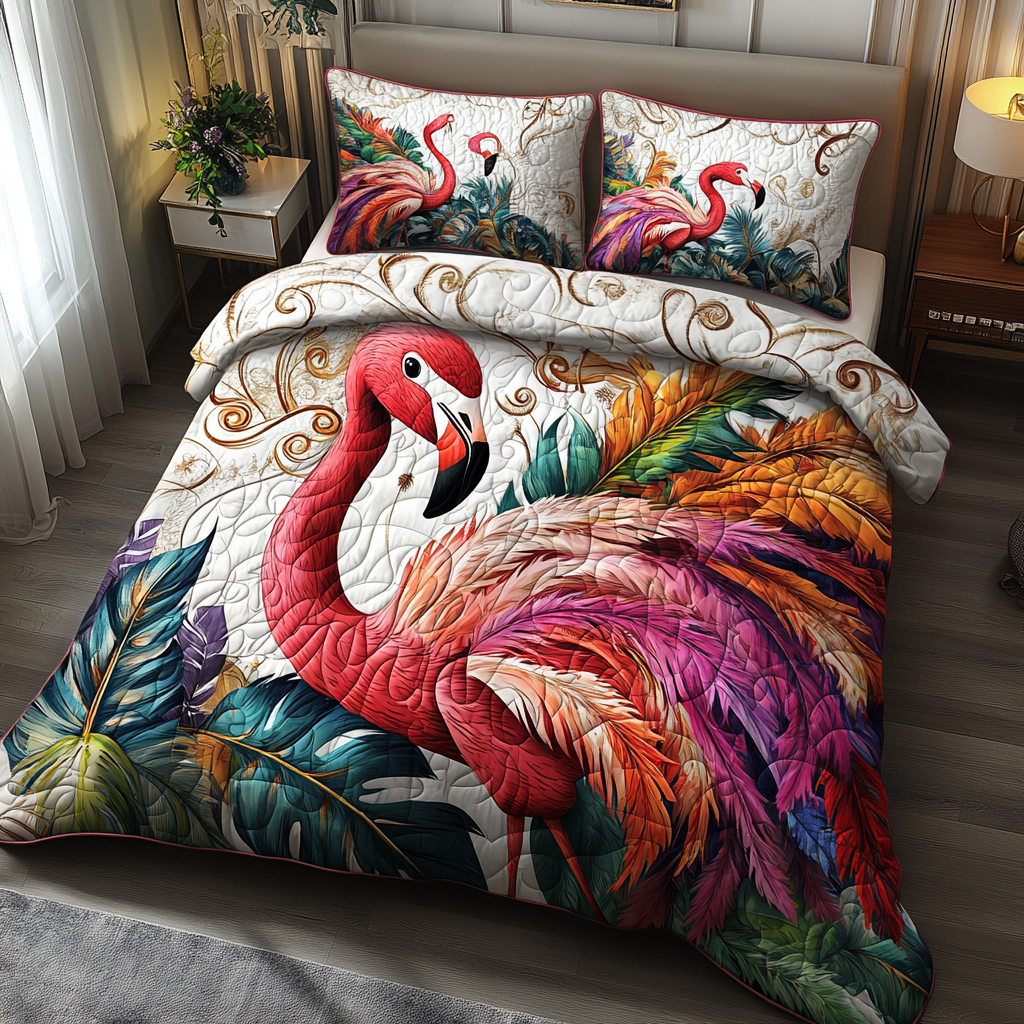 Flamingo 3-delt quiltet sengetøjssæt
