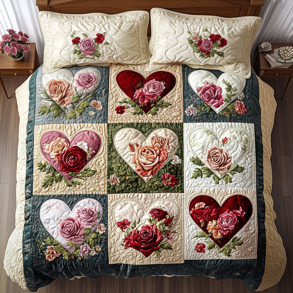Blomsterhjerte Trail 3-delers quilted sengetøj sæt