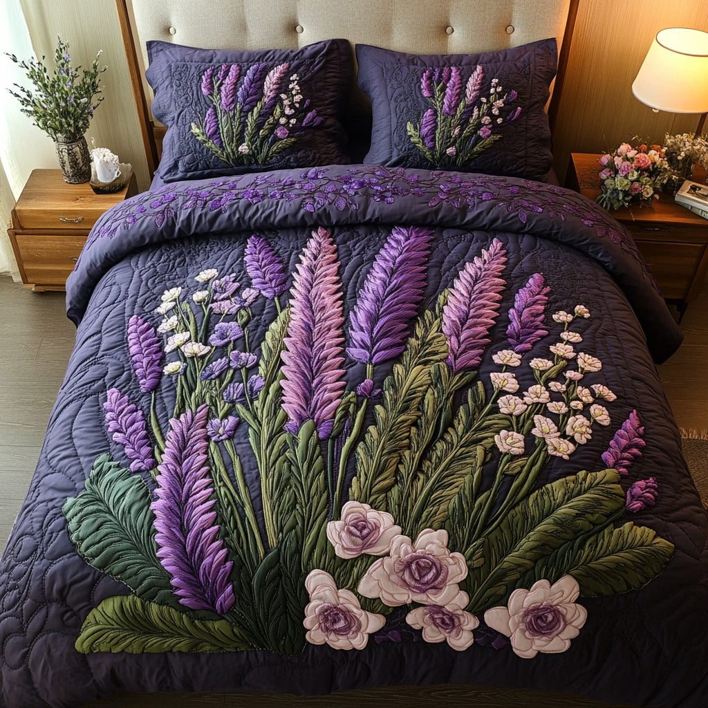 Lavendel 3-delt quiltet sengetøjssæt