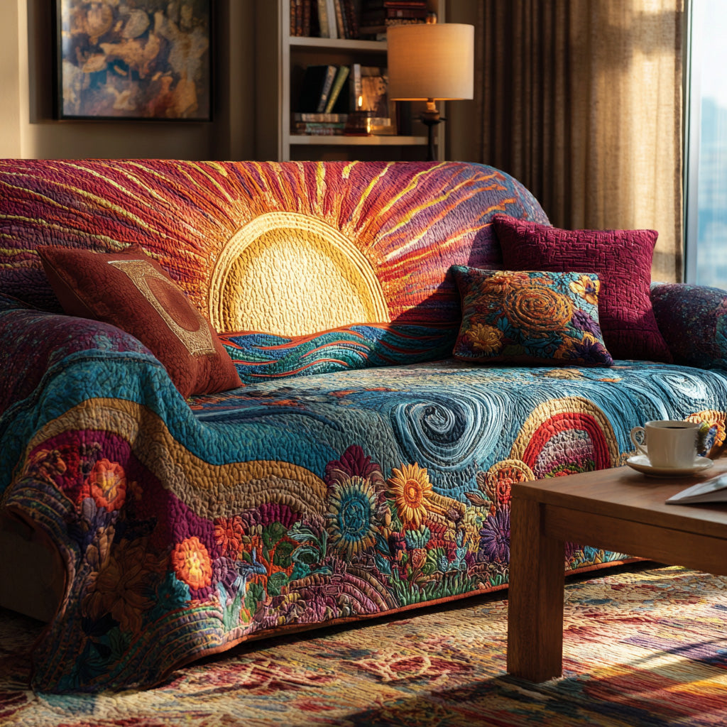 Gylden Bølge Solopgang Quiltet Sofa Dække
