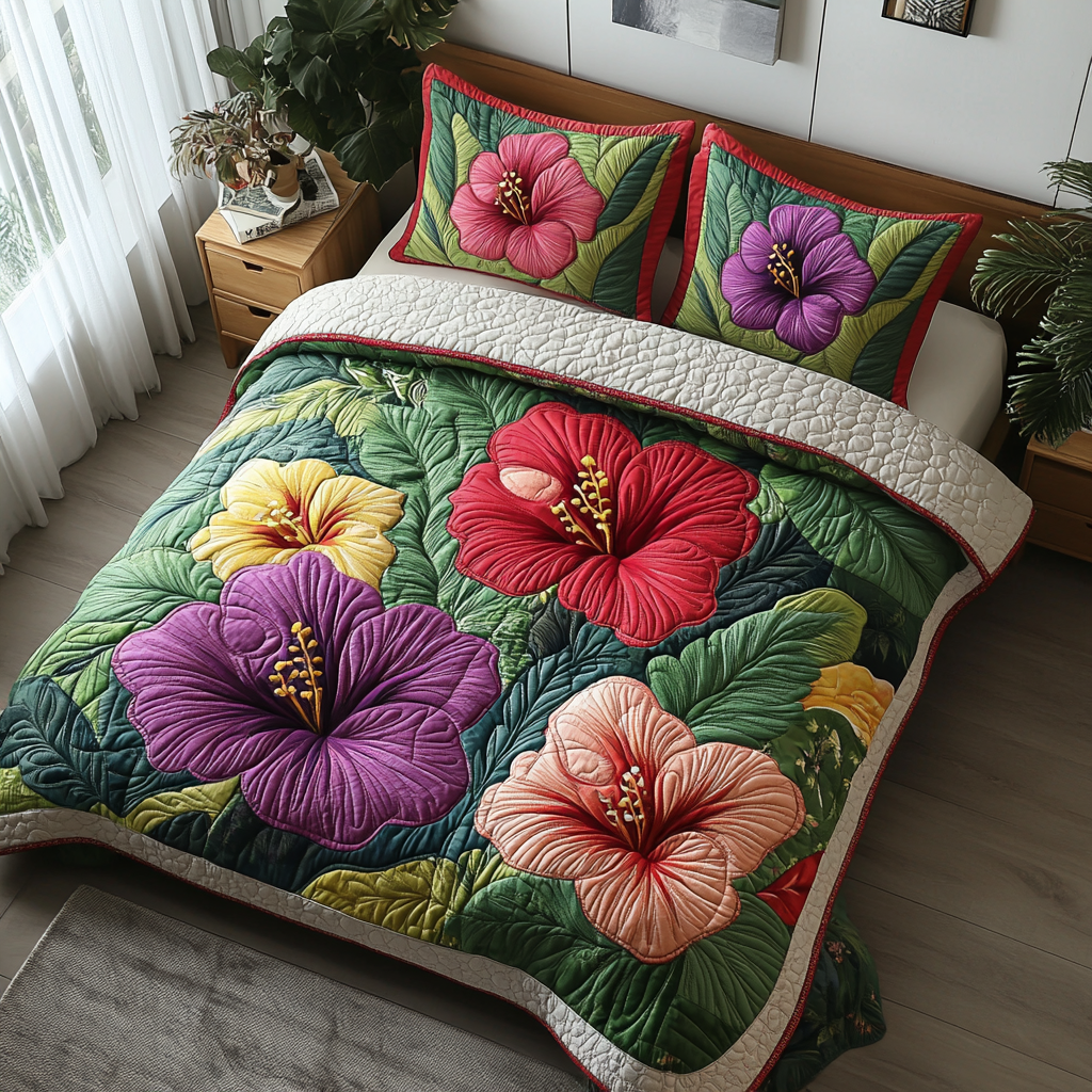 Hibiscus 3-delt quiltet sengetøjssæt