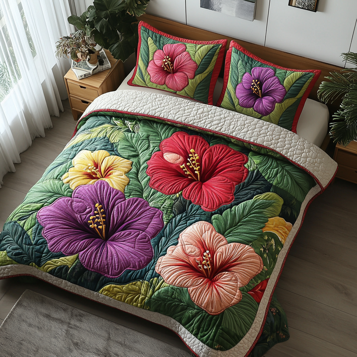 Hibiscus 3-delt quiltet sengetøjssæt