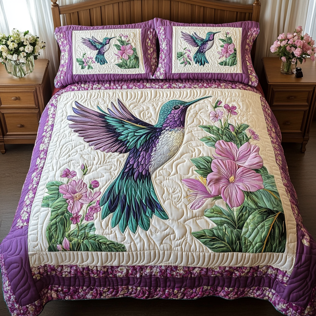 Hummingbird Glow 3-delt quiltet sengetøjssæt