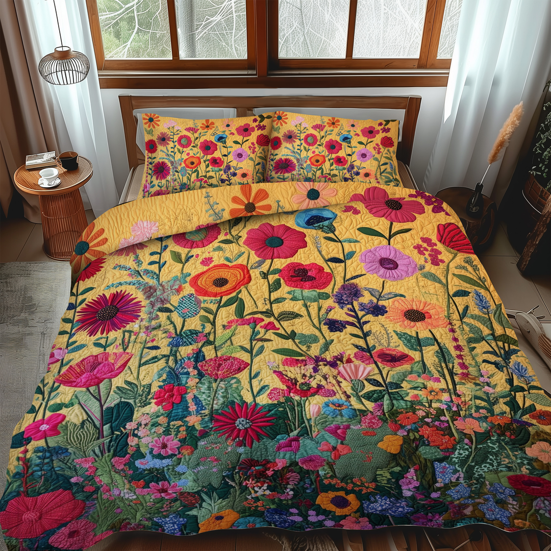 Kaleidoskopiske Blomster 3-Delt Quiltet Sengetøjssæt