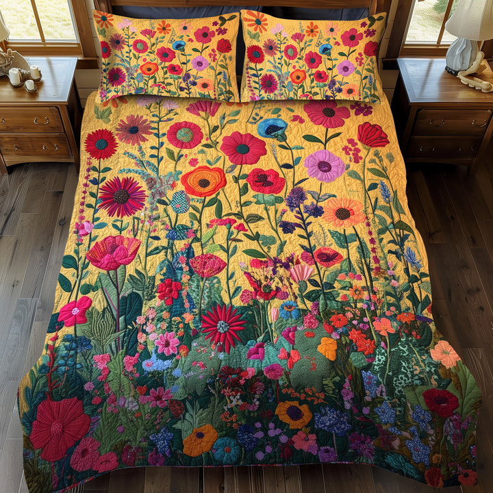 Kaleidoskopiske Blomster 3-Delt Quiltet Sengetøjssæt