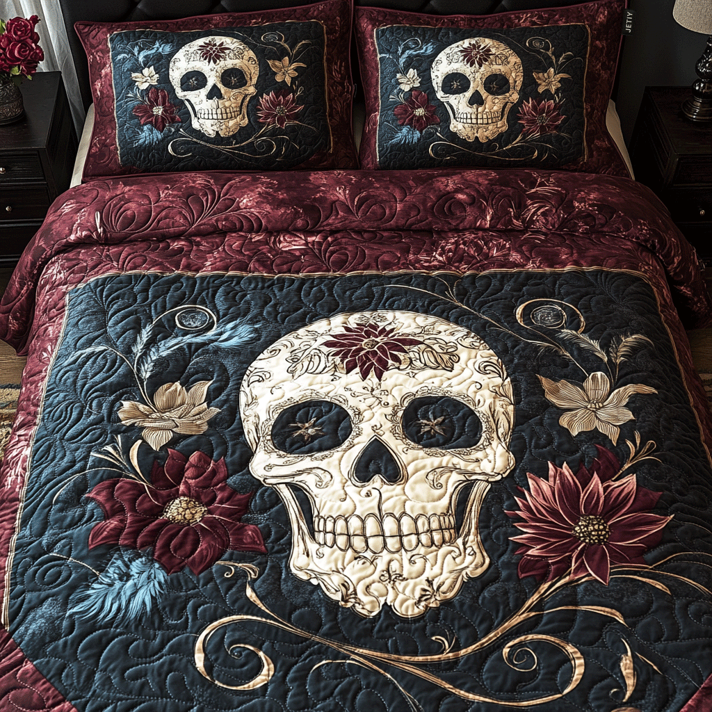 Midnight Skull Bloom 3-delt quiltet sengetøjssæt