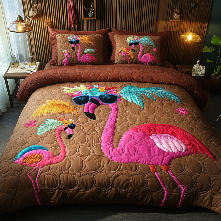 Flamingo 3-delt quiltet sengetøjssæt