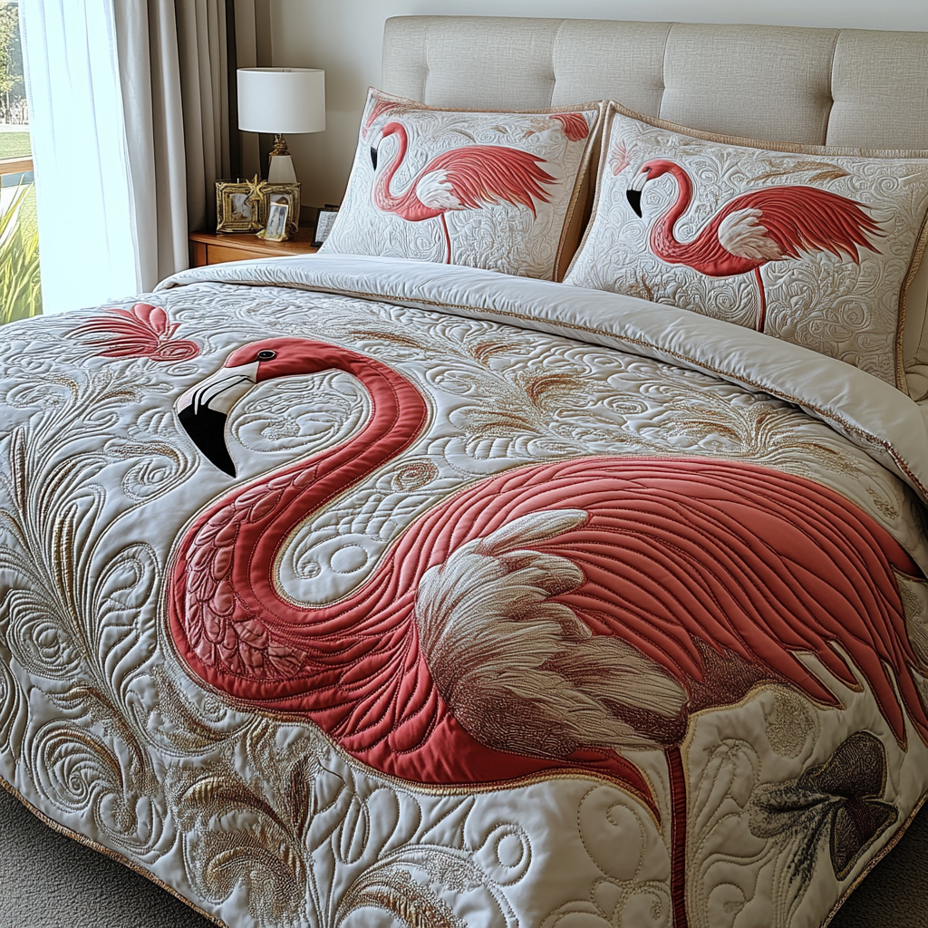Flamingo 3-delt quiltet sengetøjssæt