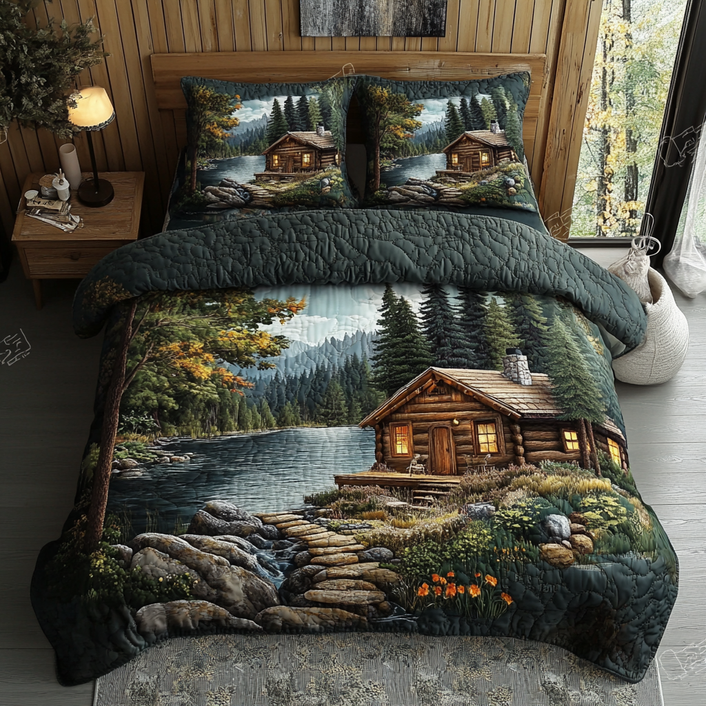 Log Cabin 3-delt quiltet sengetøjssæt