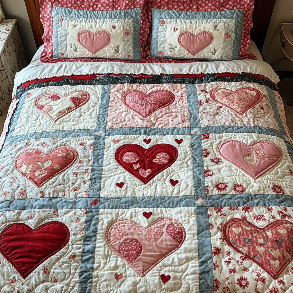 Vintage Heart Charm 3-Piece Quilted Bedding Set