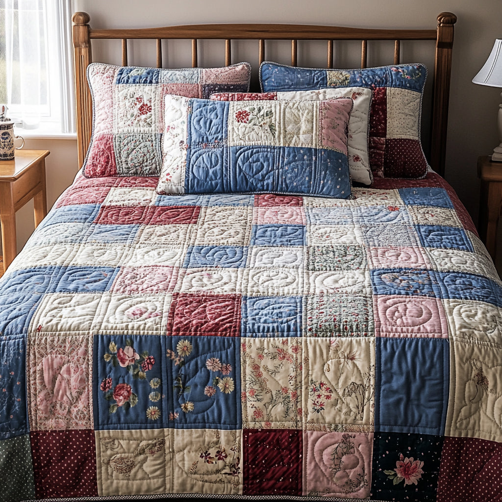 Patchwork 3-delt quiltet sengetøjssæt
