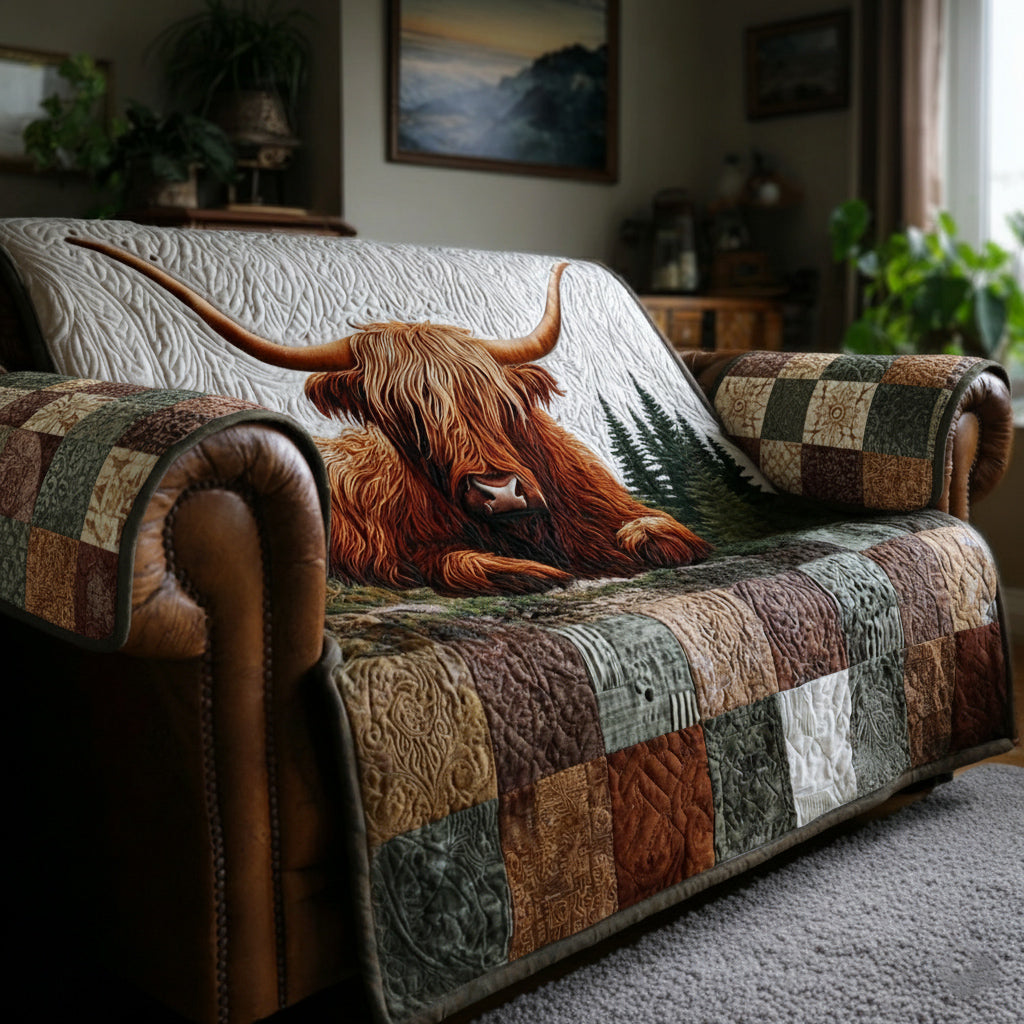 Wilderness Highland Cow Quilted Sofa Cover