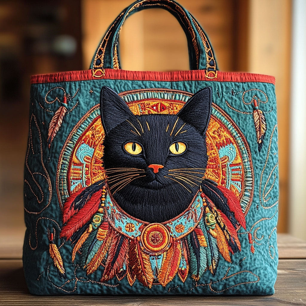 Native American Cat Quilted Tote Bag