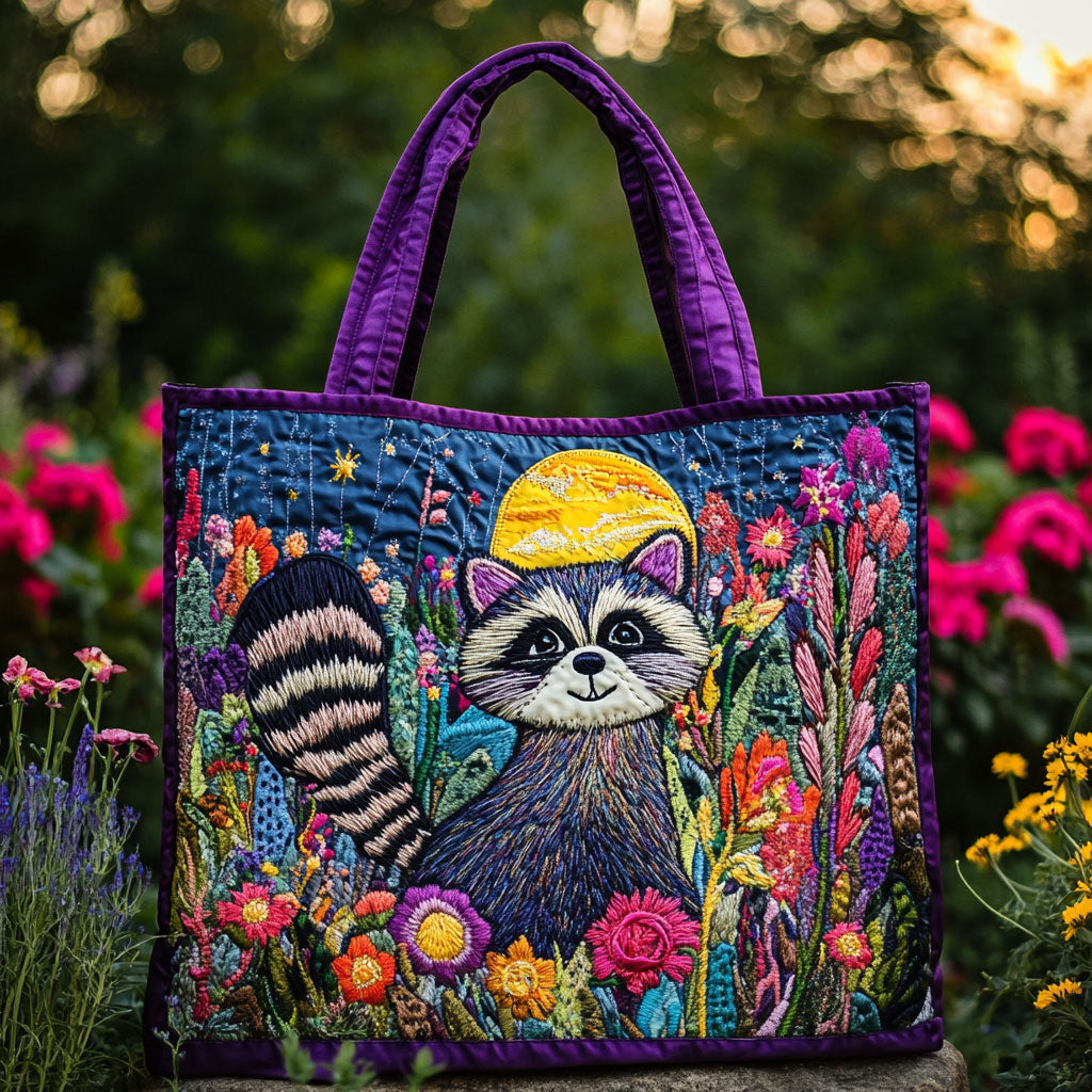 Floral Night Raccoon Quiltet Tote Bag
