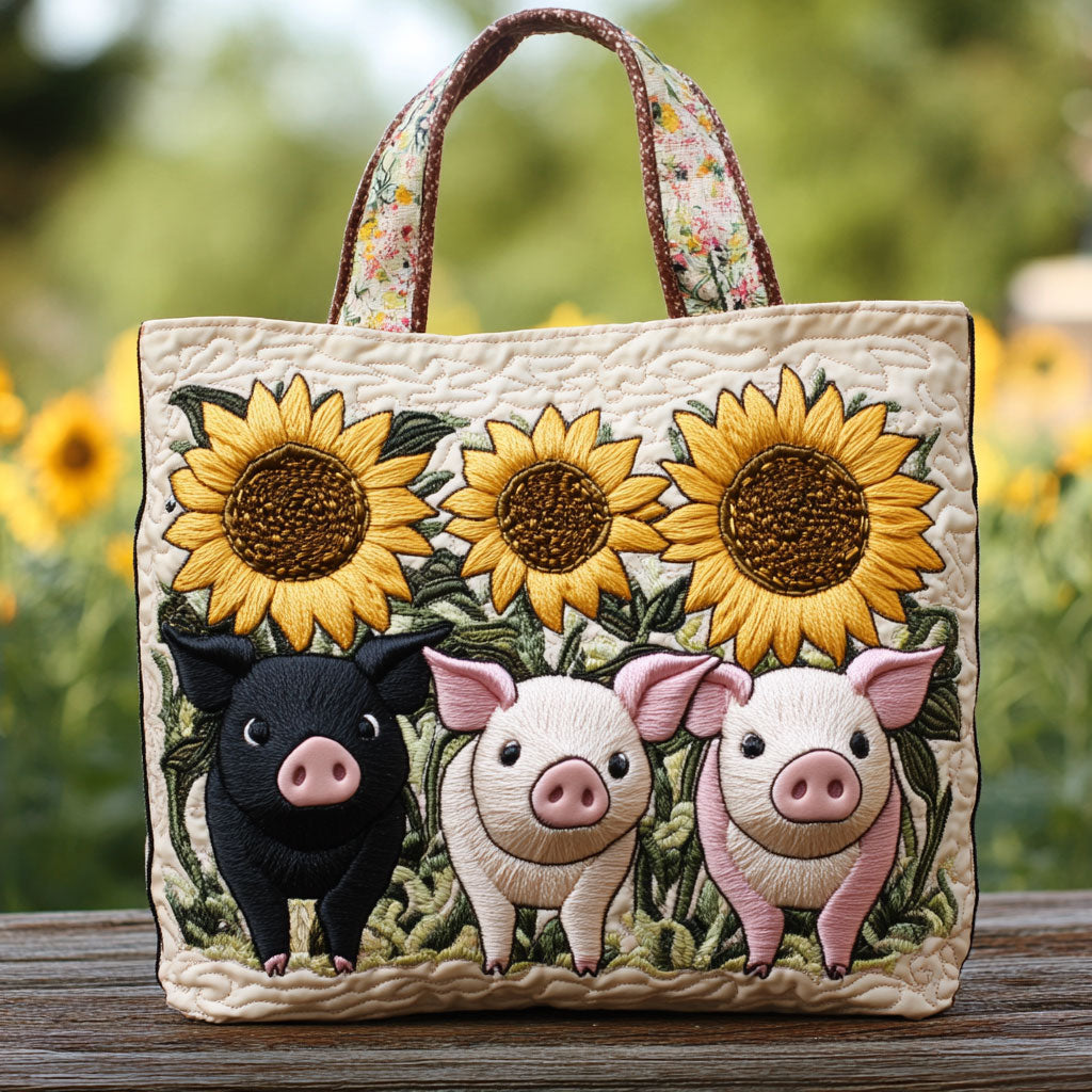 Svin og Solsikke Quiltet Tote Bag