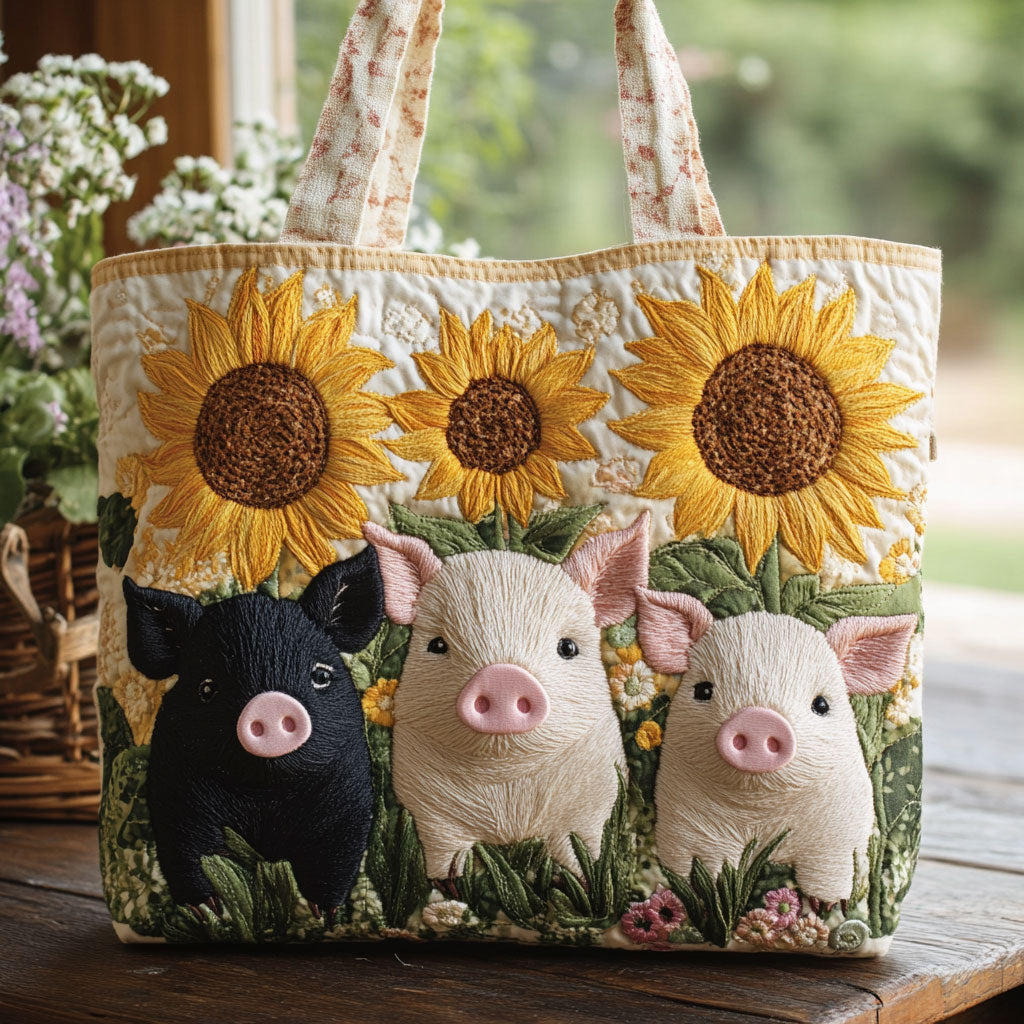 Solblomst og Grise Quiltet Tote Bag