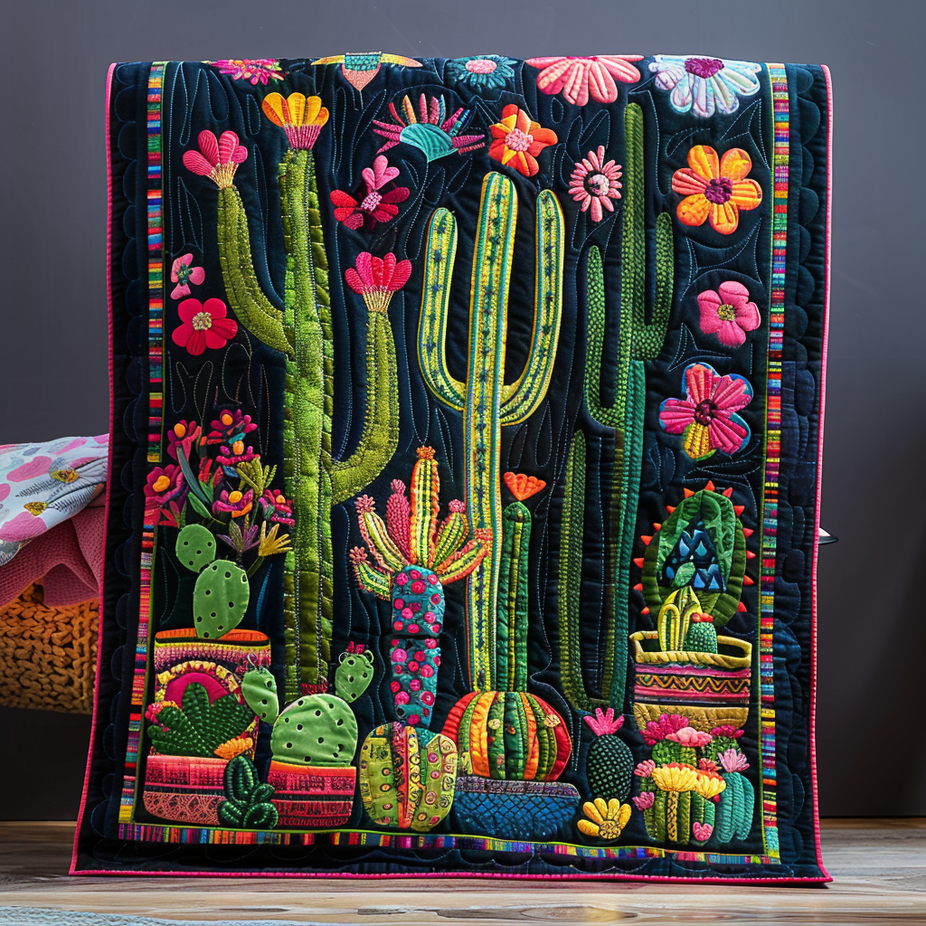 Blomstrende Kaktus Vibrant Quiltet Tæppe