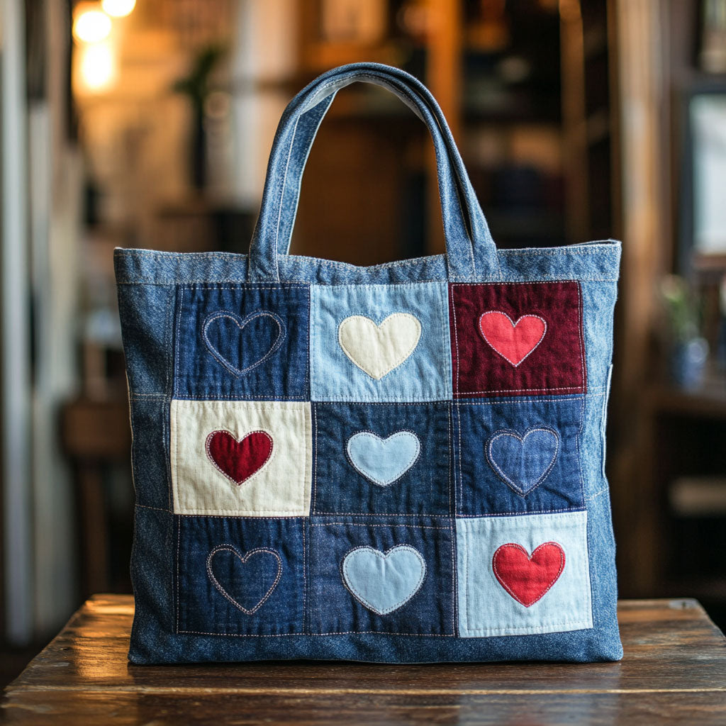 Denim Heart Charm Quilted Tote Bag