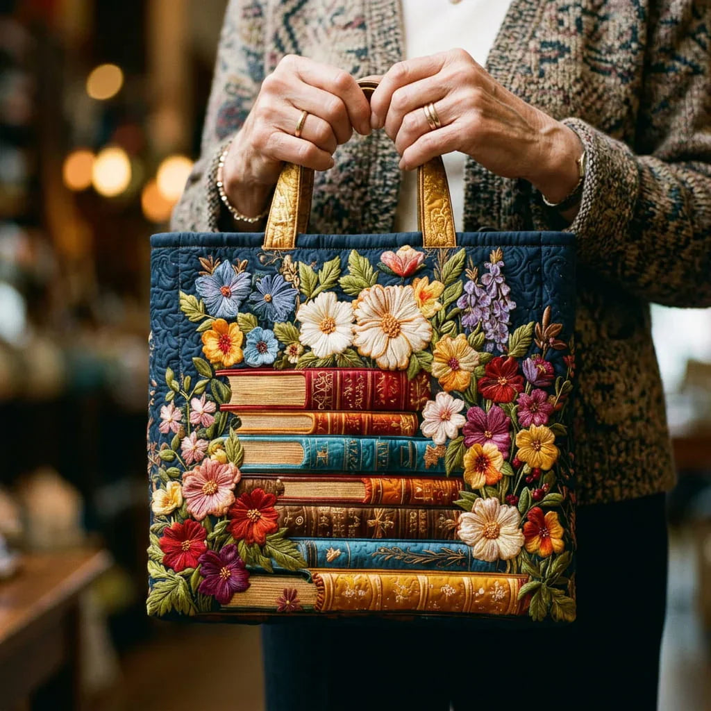 Quiltet Tote Bag - Blomster- og Bogtryk